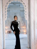 Long Sleeve Velvet Sheer Panel Gown H7132
