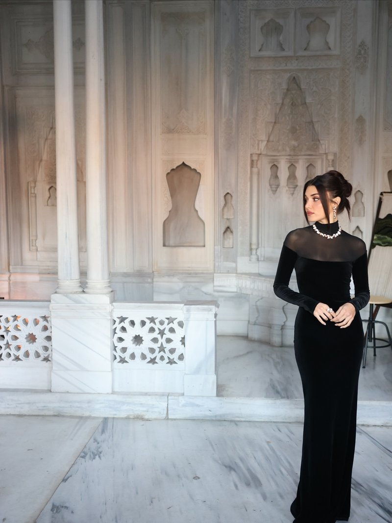 Long Sleeve Velvet Sheer Panel Gown H7132
