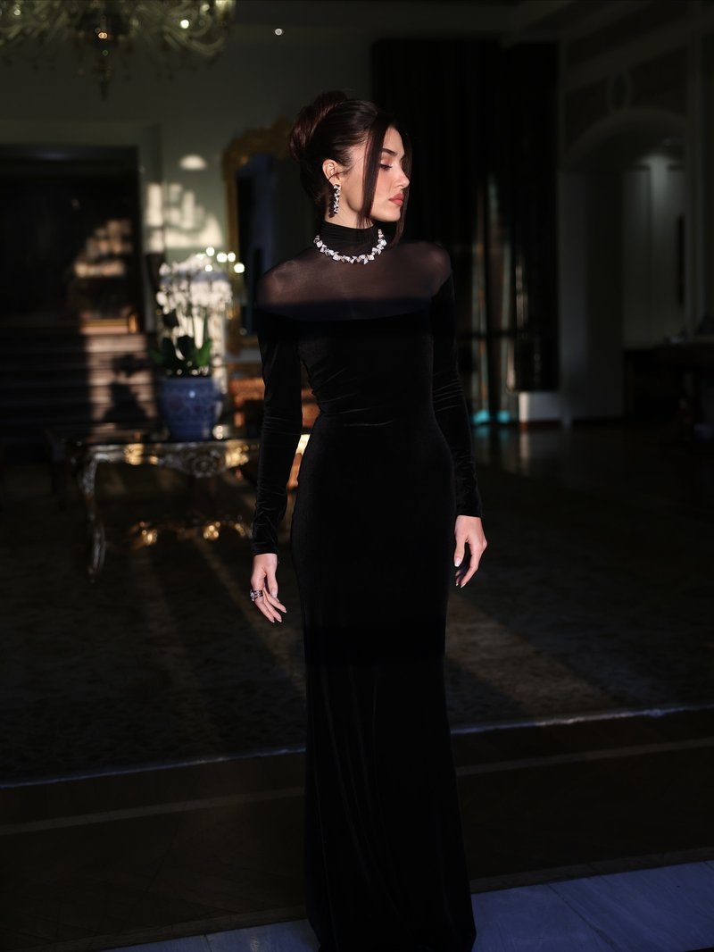 Long Sleeve Velvet Sheer Panel Gown H7132
