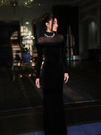 Long Sleeve Velvet Sheer Panel Gown H7132