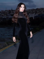 Long Sleeve Velvet Sheer Panel Gown H7132
