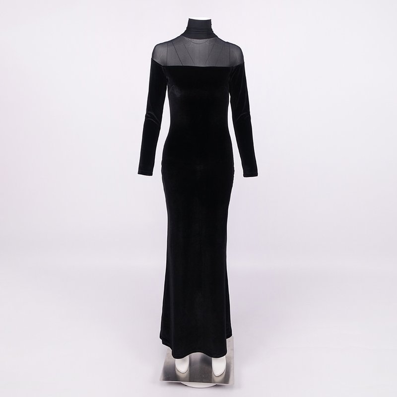 Long Sleeve Velvet Sheer Panel Gown H7132