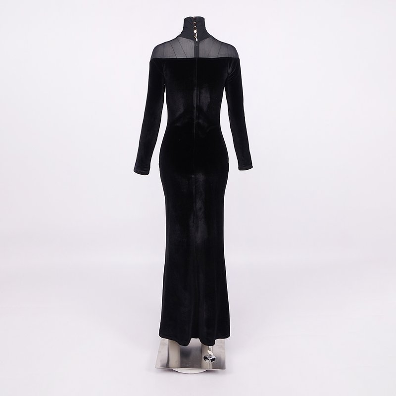 Long Sleeve Velvet Sheer Panel Gown H7132