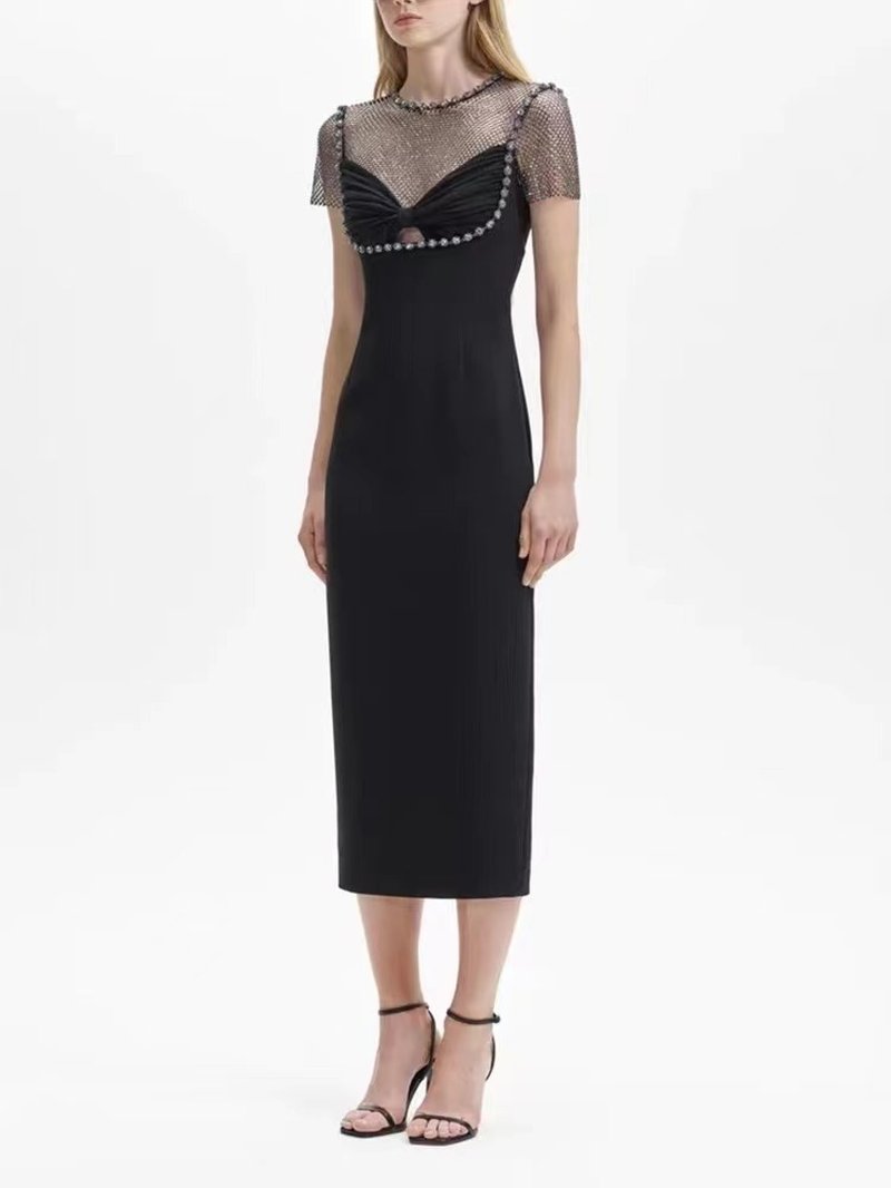 Mesh Panel Beaded Black Midi Dress H6143
