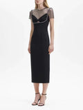 Mesh Panel Beaded Black Midi Dress H6143