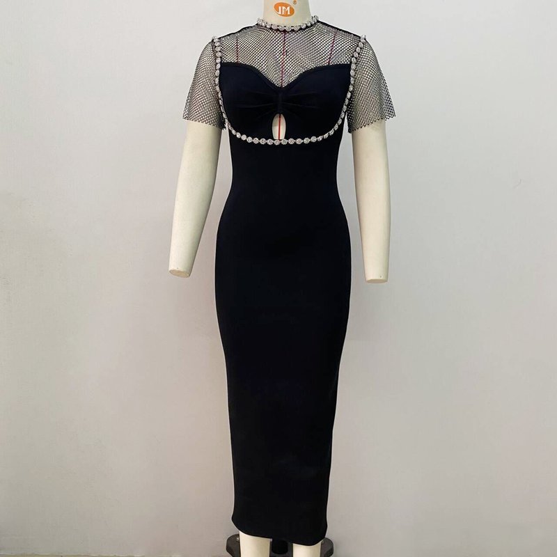 Mesh Panel Beaded Black Midi Dress H6143