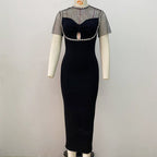 Mesh Panel Beaded Black Midi Dress H6143