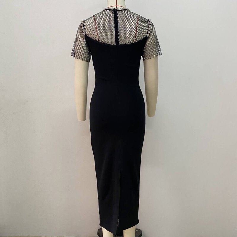 Mesh Panel Beaded Black Midi Dress H6143