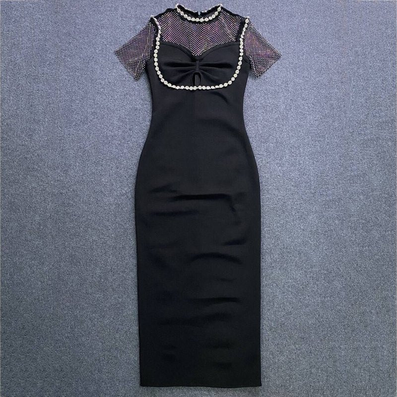 Mesh Panel Beaded Black Midi Dress H6143