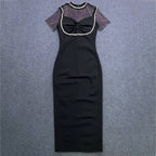 Mesh Panel Beaded Black Midi Dress H6143