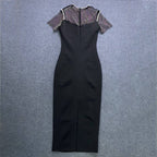 Mesh Panel Beaded Black Midi Dress H6143