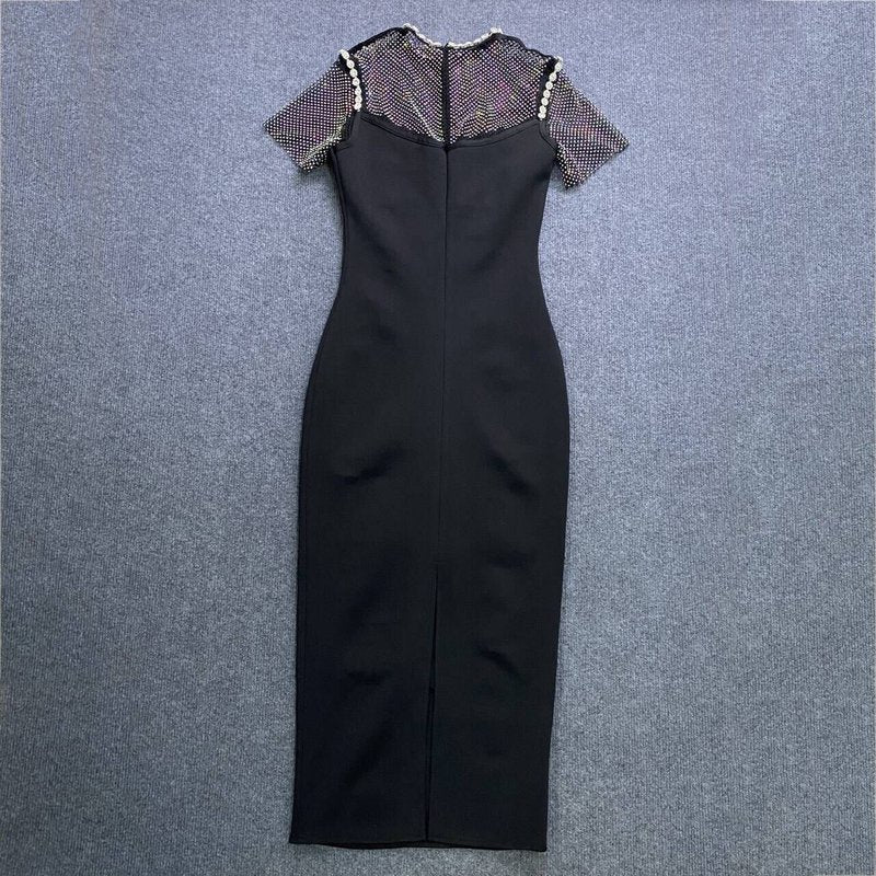 Mesh Panel Beaded Black Midi Dress H6143