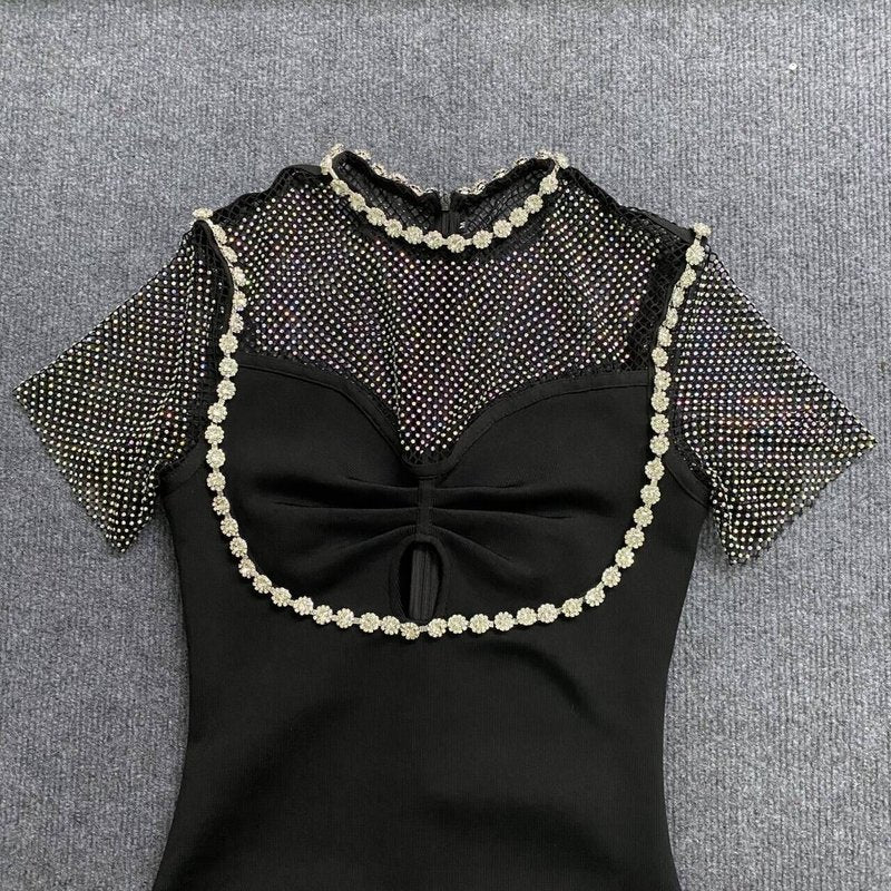 Mesh Panel Beaded Black Midi Dress H6143