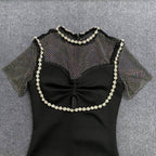 Mesh Panel Beaded Black Midi Dress H6143