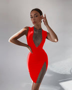 Mesh Panel Deep V Neck Bodycon Dress H3663