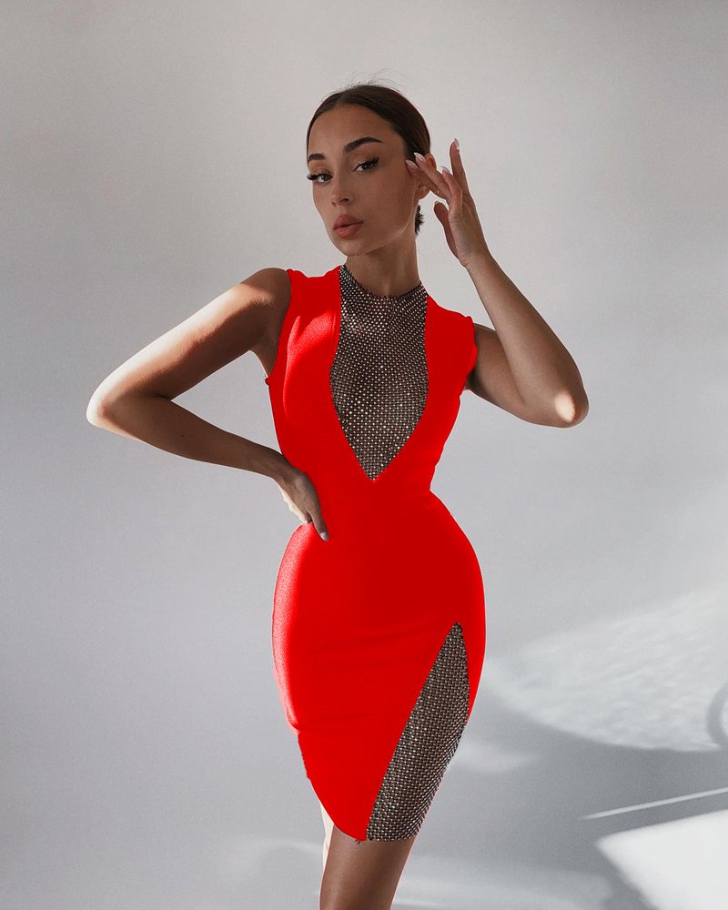 Mesh Panel Deep V Neck Bodycon Dress H3663