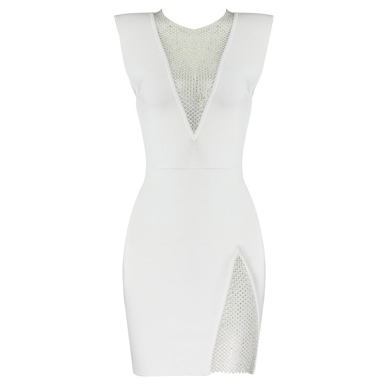 Mesh Panel Deep V Neck Bodycon Dress H3663