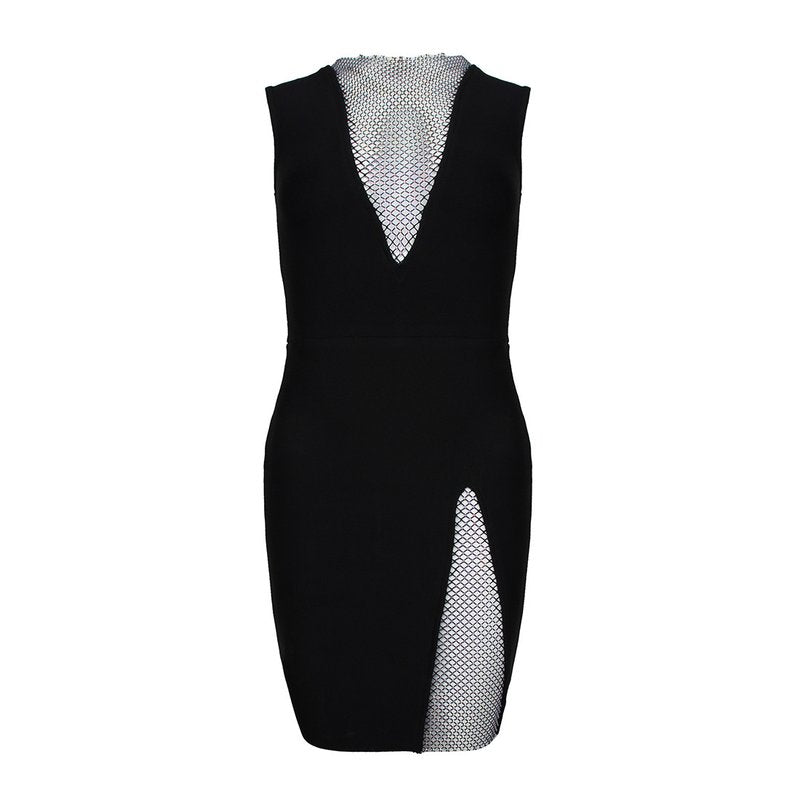 Mesh Panel Deep V Neck Bodycon Dress H3663