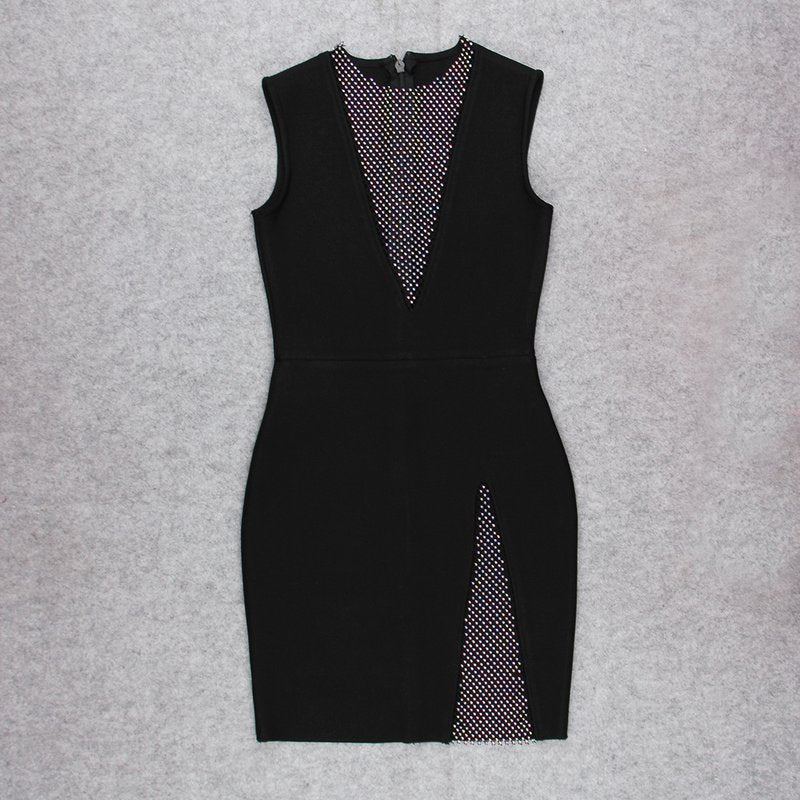 Mesh Panel Deep V Neck Bodycon Dress H3663