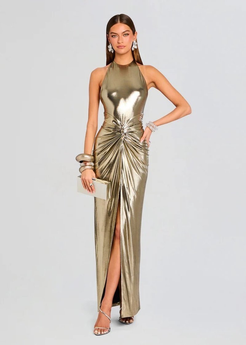 Metallic Halter Ruched Maxi Dress H6892