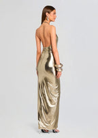 Metallic Halter Ruched Maxi Dress H6892