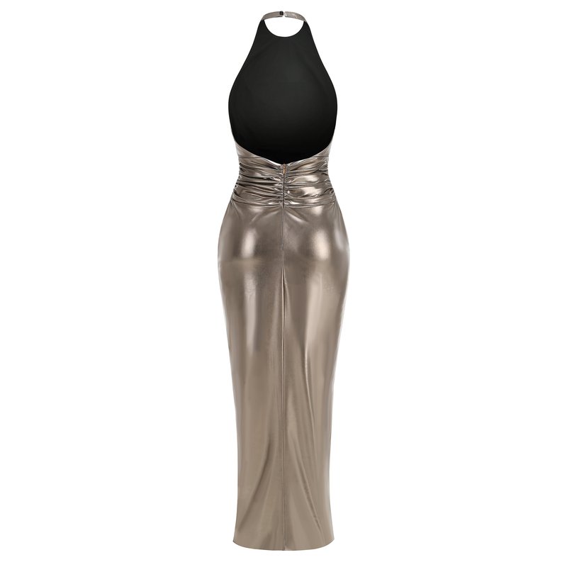 Metallic Halter Ruched Maxi Dress H6892