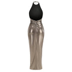 Metallic Halter Ruched Maxi Dress H6892