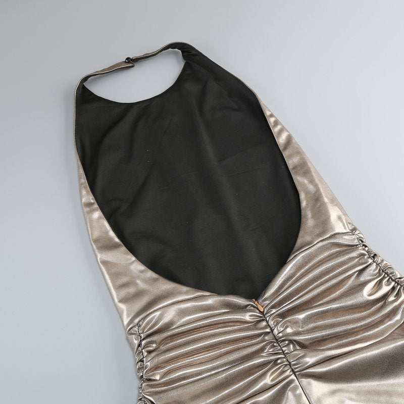 Metallic Halter Ruched Maxi Dress H6892