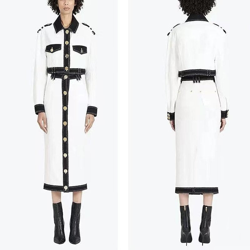 Military-Style White Midi Dress H6094