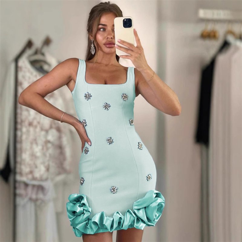 Mint Blue Embellished Ruffle Mini Dress H6818