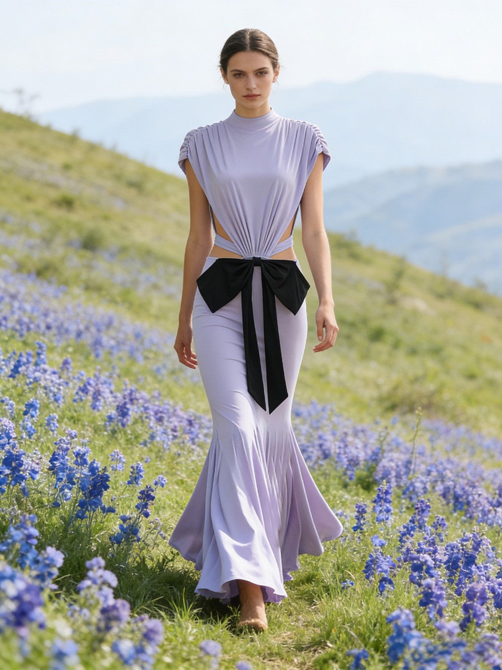 Mock Neck Sleeveless Cutout Black Bow Mermaid Gown D2605