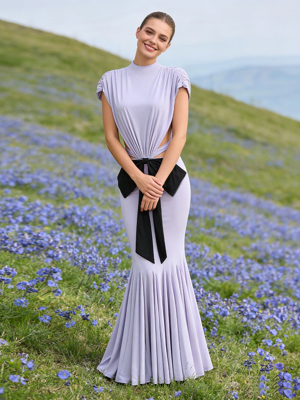 Mock Neck Sleeveless Cutout Black Bow Mermaid Gown D2605