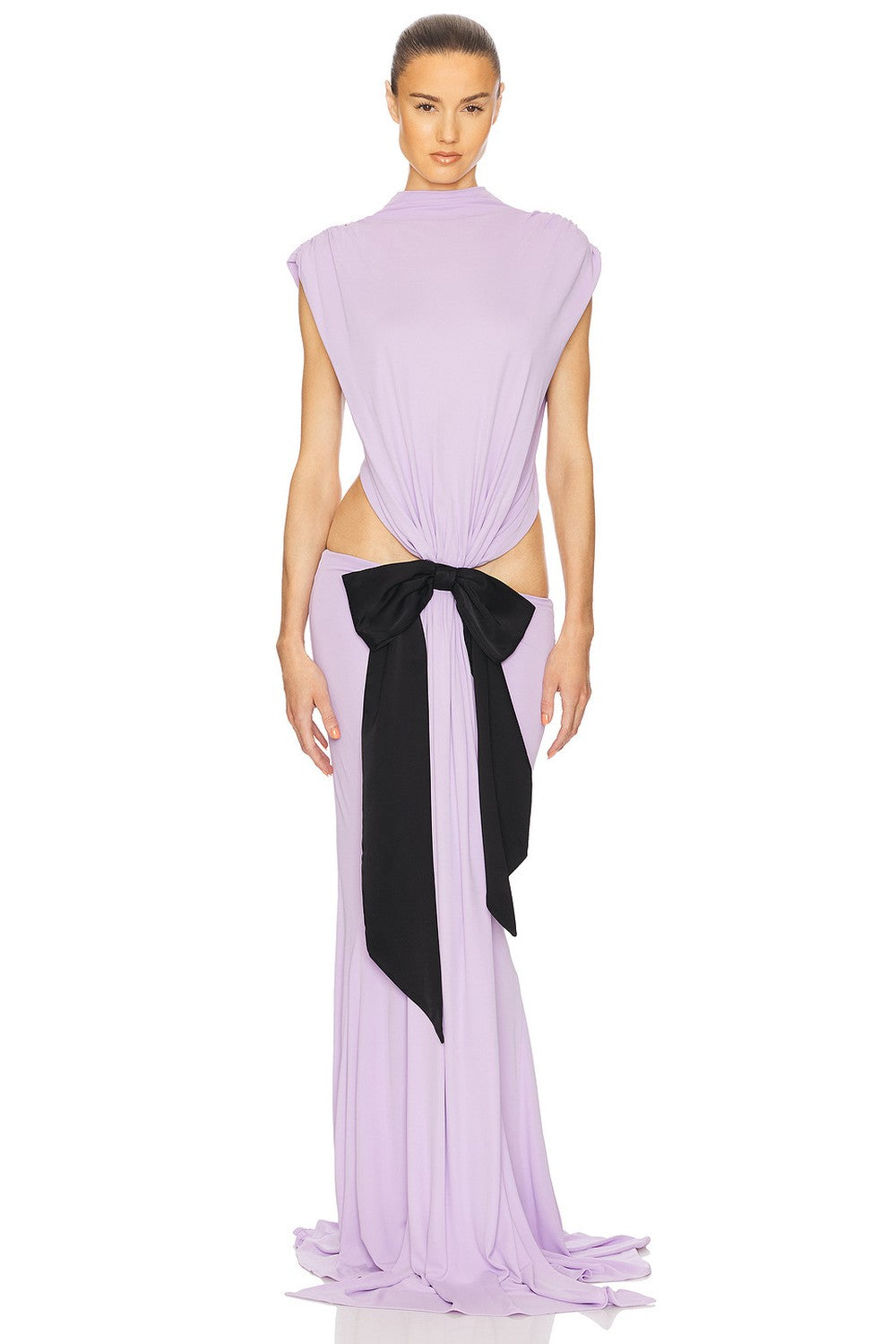 Mock Neck Sleeveless Cutout Black Bow Mermaid Gown D2605