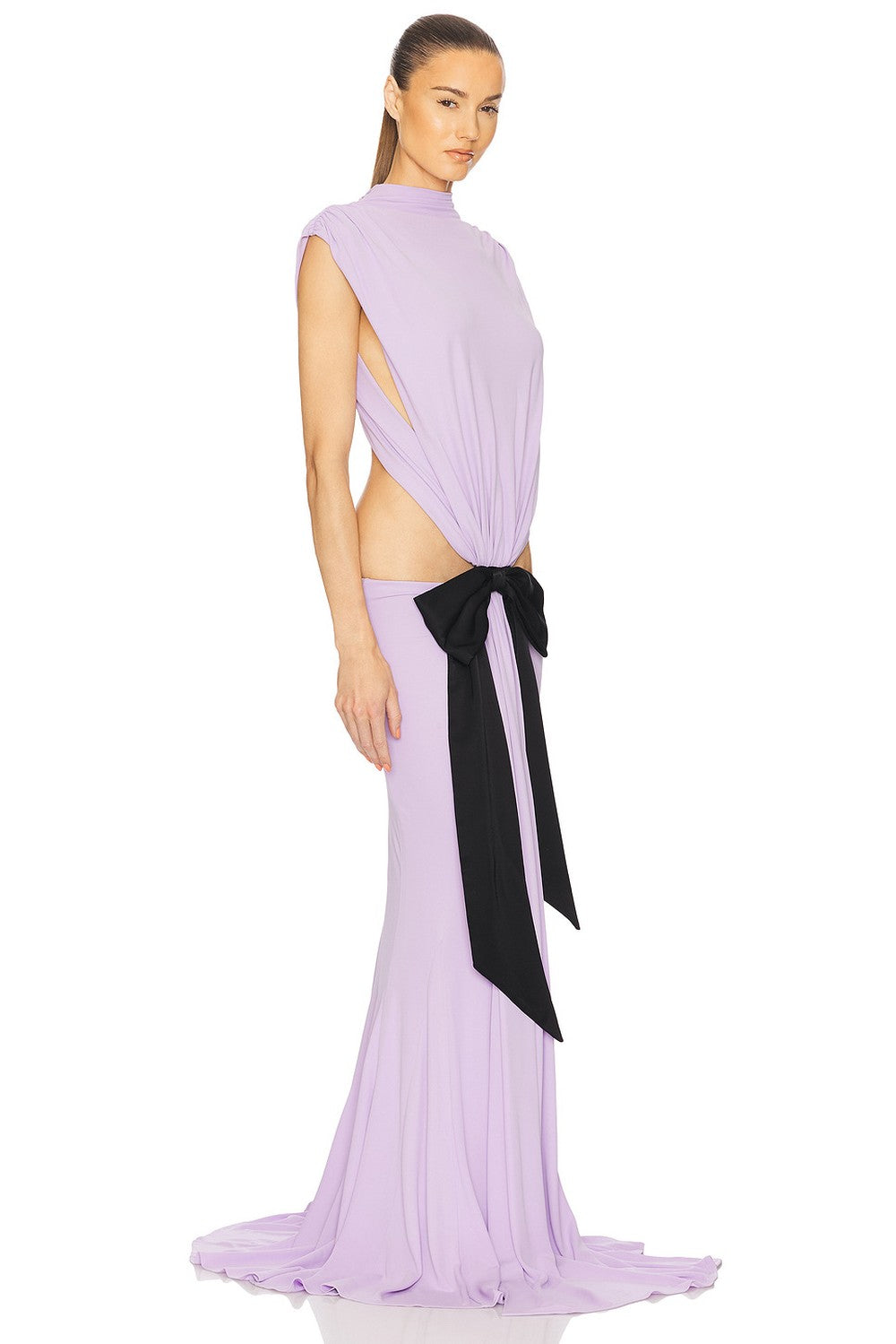 Mock Neck Sleeveless Cutout Black Bow Mermaid Gown D2605