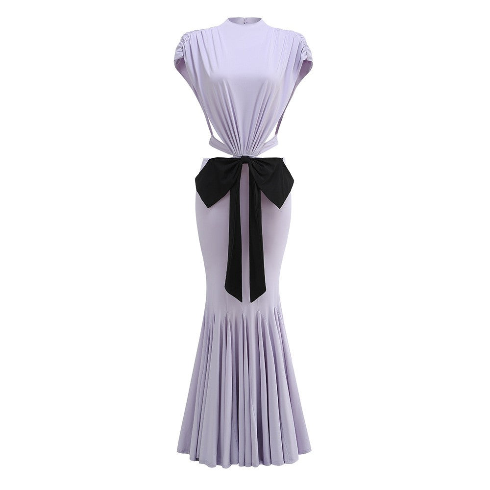 Mock Neck Sleeveless Cutout Black Bow Mermaid Gown D2605