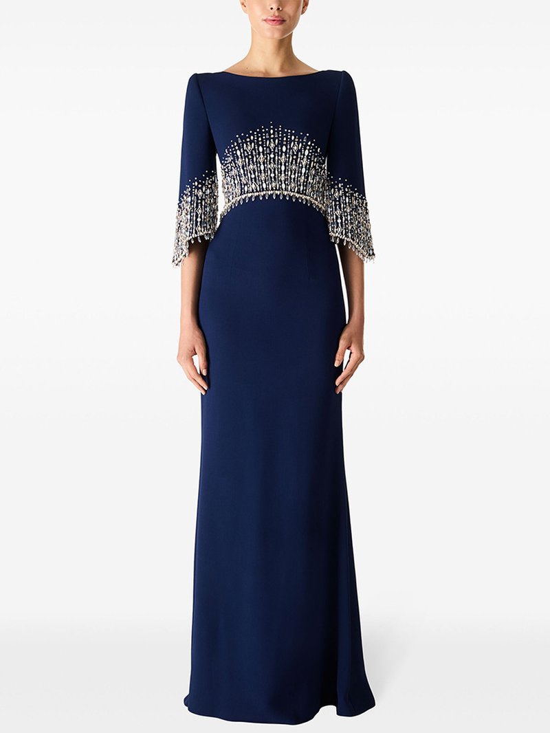 Navy Beaded Cape Sleeve Gown H6734