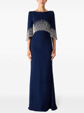 Navy Beaded Cape Sleeve Gown H6734