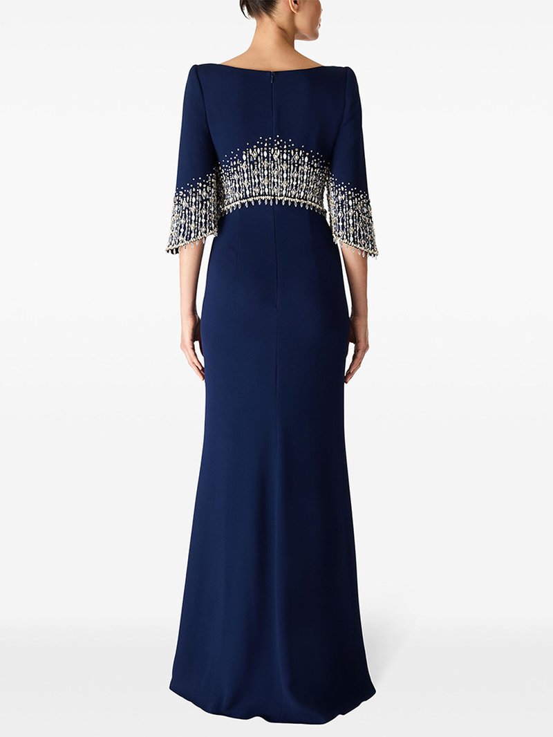 Navy Beaded Cape Sleeve Gown H6734
