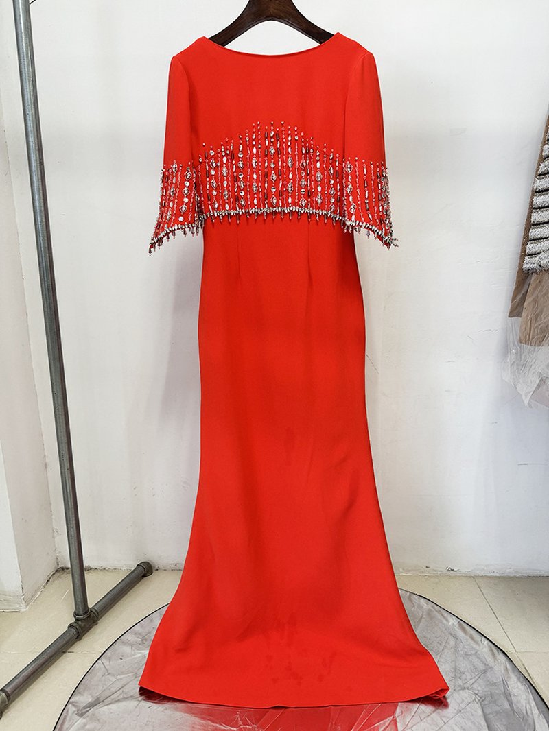 Navy Beaded Cape Sleeve Gown H6734