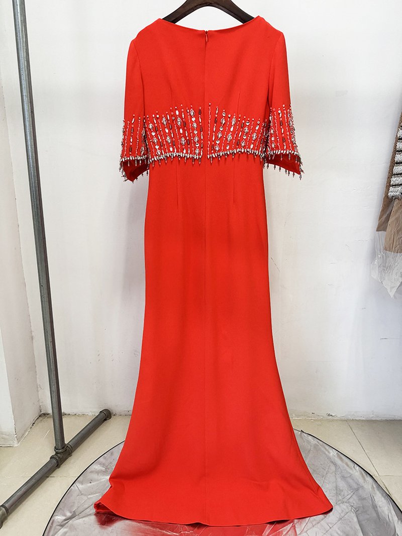 Navy Beaded Cape Sleeve Gown H6734