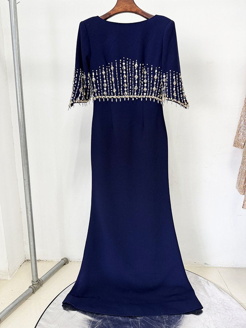 Navy Beaded Cape Sleeve Gown H6734