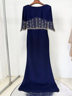 Navy Beaded Cape Sleeve Gown H6734