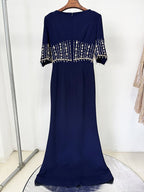 Navy Beaded Cape Sleeve Gown H6734