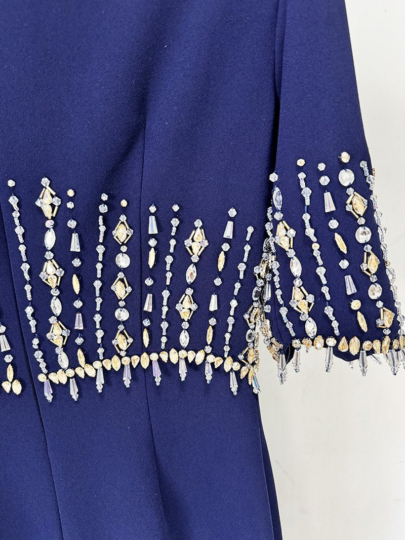 Navy Beaded Cape Sleeve Gown H6734