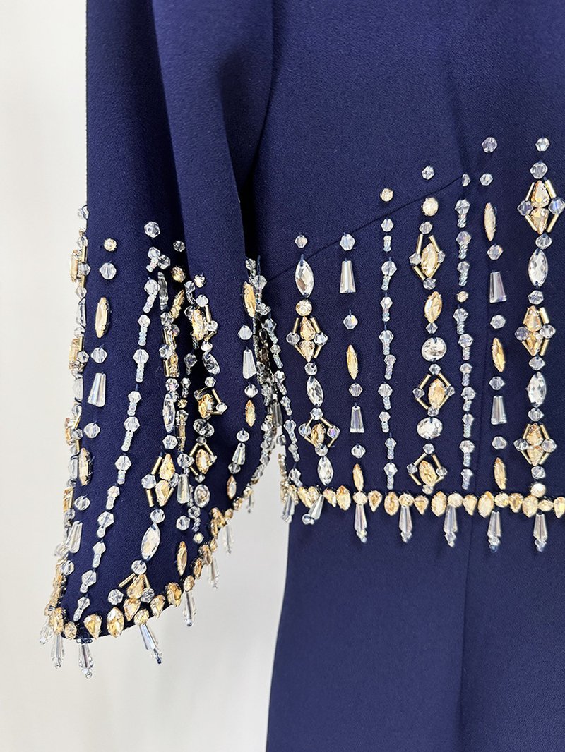 Navy Beaded Cape Sleeve Gown H6734