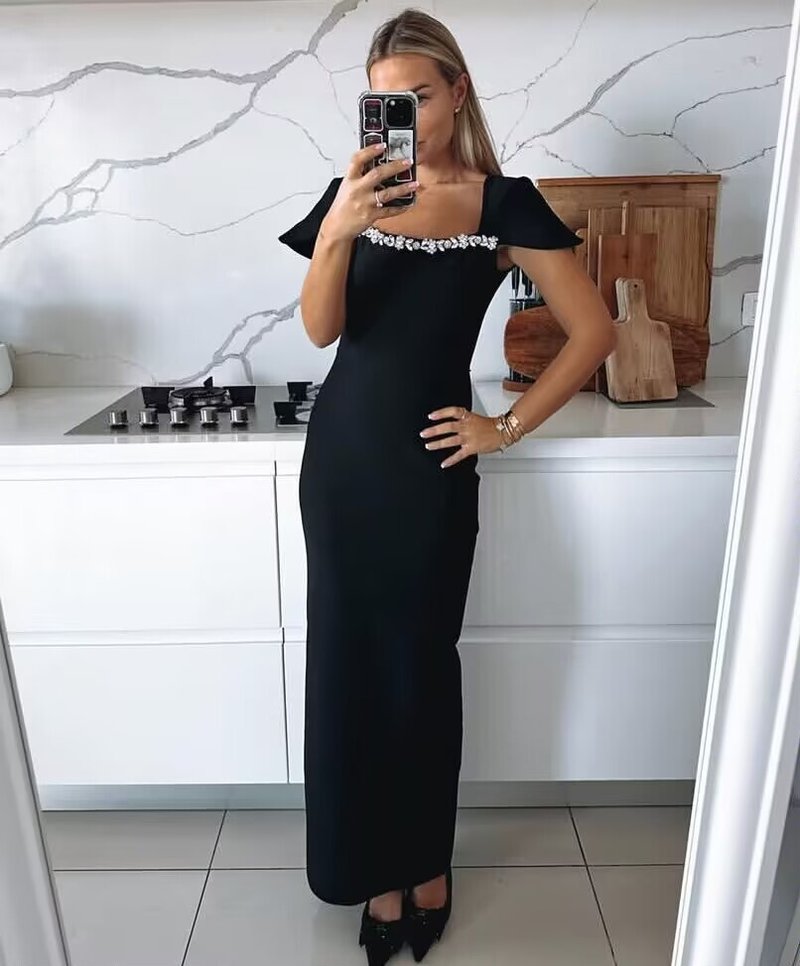 Off Shoulder Beaded Black Maxi Dress H6653