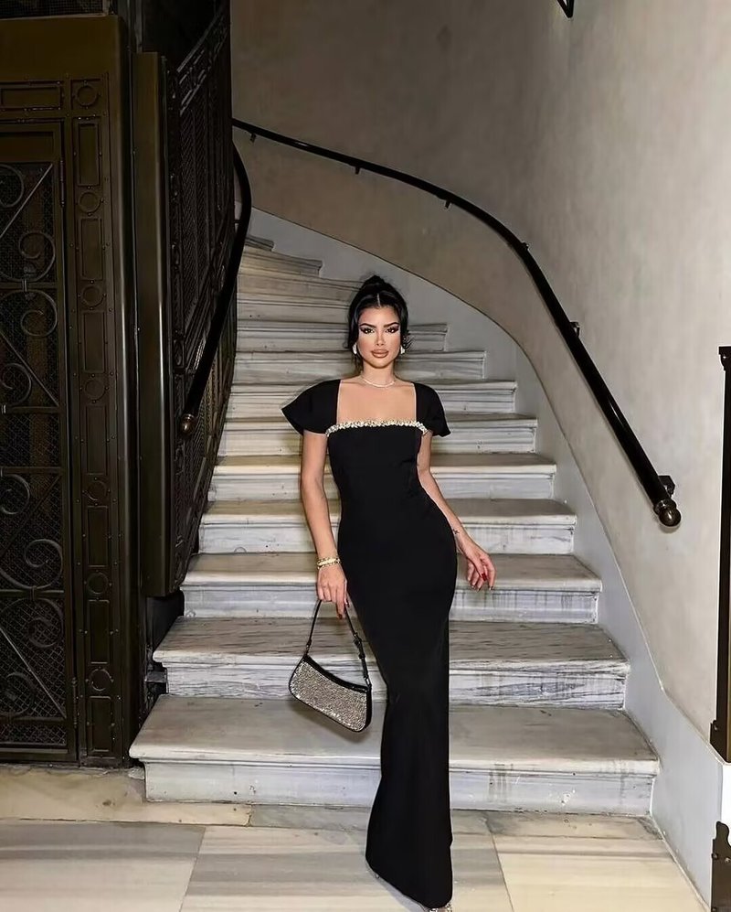Off Shoulder Beaded Black Maxi Dress H6653