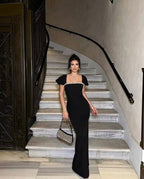 Off Shoulder Beaded Black Maxi Dress H6653