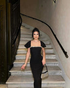 Off Shoulder Beaded Black Maxi Dress H6653