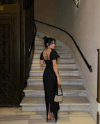 Off Shoulder Beaded Black Maxi Dress H6653